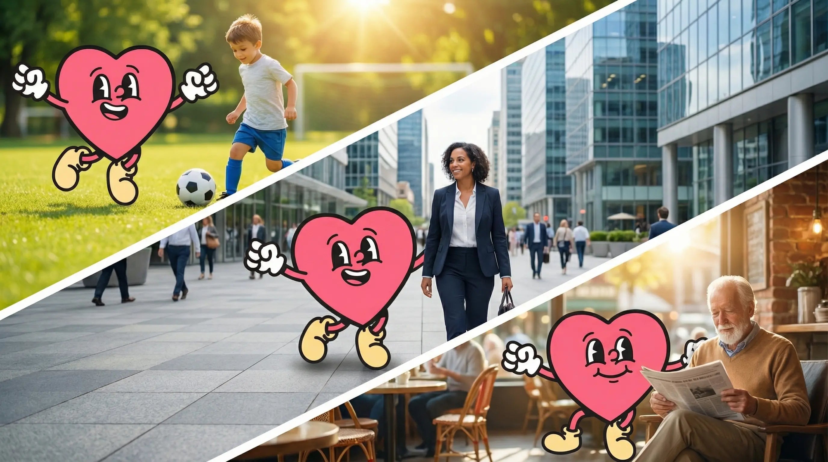 mascota SaluVant acompañando a un niño, un adulto  y una persona mayor